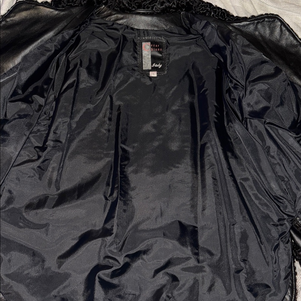 Black lamb fur trim lambskin leather coat L - Picture 3 of 12